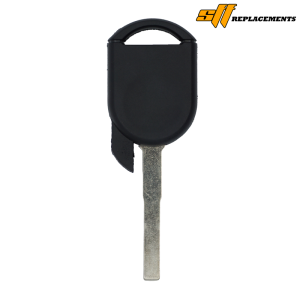 Car key blank with a black plastic head and metal blade, logo in the top-right corner.