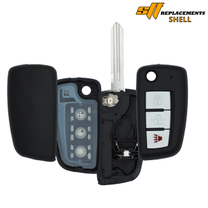Open car key fob with its shell removed, revealing internal circuit board, battery contacts, and a metal key blade; 'SIF Replacements Shell' logo in the corner.