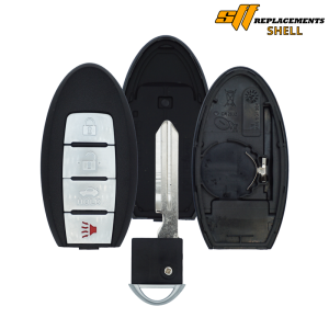 Car key fob laid open: left shell with four silver buttons (lock, unlock, hold, horn), middle metal key blade, right empty shell with car key internals exposed; “SIF Replacements Shell” logo in corner