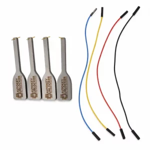 Four lock-picking blades labeled Auto Key Unlocker, shown beside four insulated jumper wires in blue, yellow, red and black.