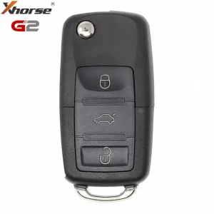 Black car key fob with lock, unlock, and trunk buttons; metal ring at bottom.
