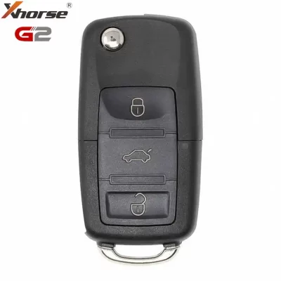Black car key fob with lock, unlock, and trunk buttons; metal ring at bottom.