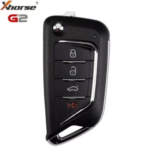 Black car key fob with four buttons (lock, unlock, trunk, panic) and chrome trim, branded Xhorse G2 on a white background.