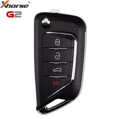 Black car key fob with four buttons (lock, unlock, trunk, panic) and chrome trim, branded Xhorse G2 on a white background.