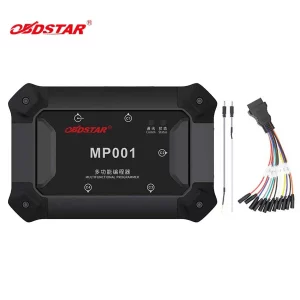 OBDSTAR MP001 multifunctional automotive programmer with a cable harness and two probe leads laid out beside it