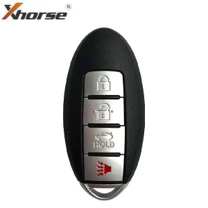 Black car key fob with four silver buttons: lock, unlock, trunk/hold, and panic alarm; Xhorse logo visible in corner.