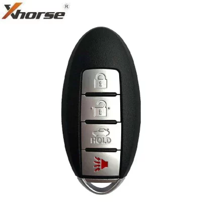 Black car key fob with four silver buttons: lock, unlock, trunk/hold, and panic alarm; Xhorse logo visible in corner.