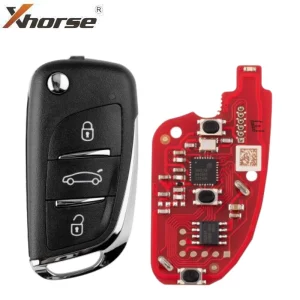 Xhorse car key fob with three-button remote next to its red PCB circuit board
