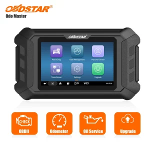 Rugged handheld vehicle diagnostic tablet branded 'Odo Master' displaying a home screen with app icons such as Petrol Diag, Data Management, Personal Center, TeamViewer, Settings, and Upgrade.