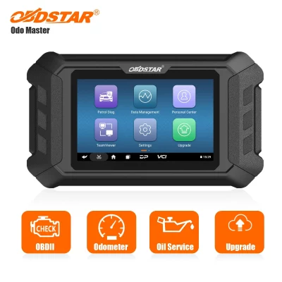 Rugged handheld vehicle diagnostic tablet branded 'Odo Master' displaying a home screen with app icons such as Petrol Diag, Data Management, Personal Center, TeamViewer, Settings, and Upgrade.