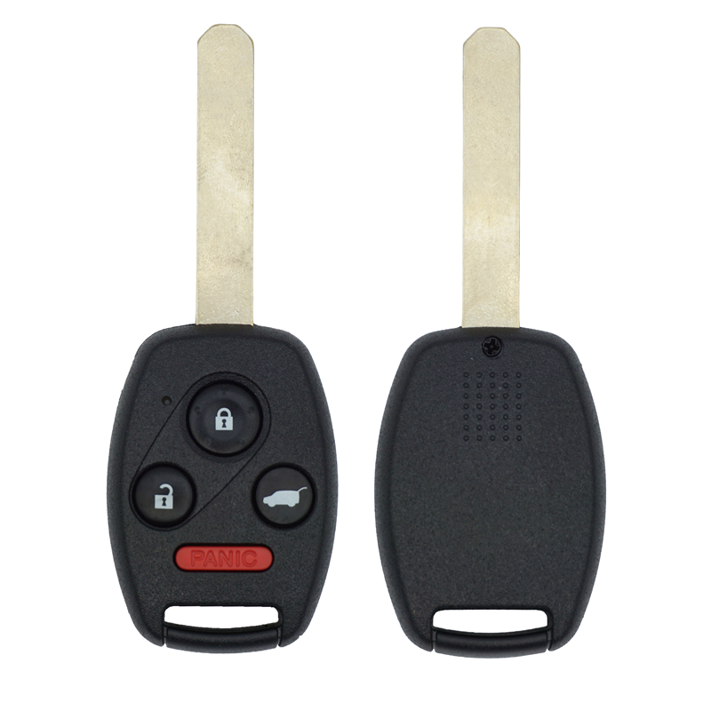 Black car key fob with three circular buttons (lock, unlock, trunk) and a red panic button, metal key blade extended, front view. Placeholder grip at bottom edge.