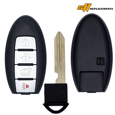 Car key fob with four white buttons and a metal blade key, SF Replacements logo in corner.
