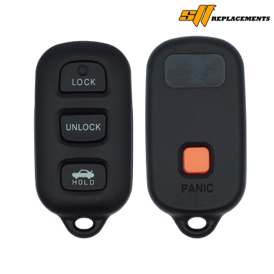 Black car key fob with three buttons on the left (LOCK, UNLOCK, HOLD) and a separate panic button on the right fob; shows car trunk icon on HOLD button.