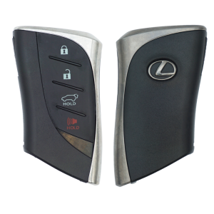 Two modern car key fobs side by side; the left fob shows lock, unlock, trunk, and panic buttons, the right fob bears the Lexus logo.
