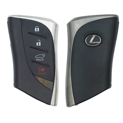 Two modern car key fobs side by side; the left fob shows lock, unlock, trunk, and panic buttons, the right fob bears the Lexus logo.