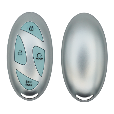 Front and back views of a silver car key fob with teal buttons for Lock, Unlock, Hold (panic), and remote start; two-sided.