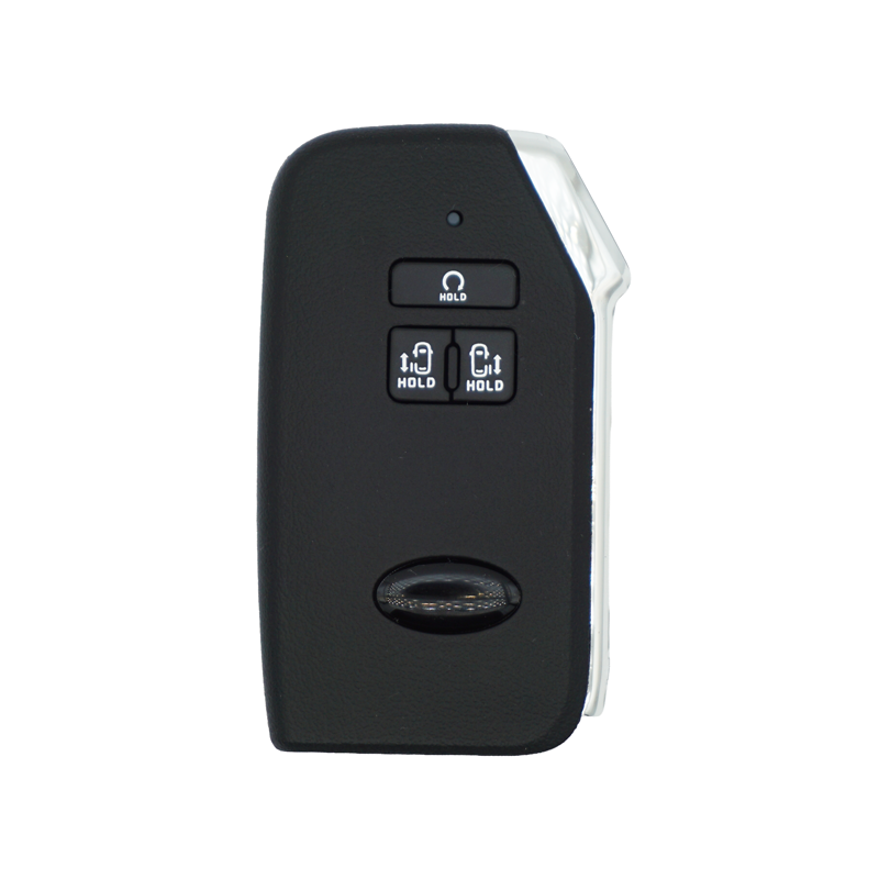 Black car key fob featuring three square buttons: a top HOLD button and two bottom lock/unlock icons on a textured black body with a transparent edge.