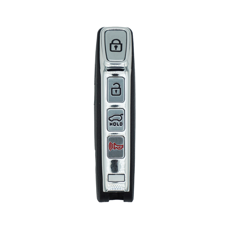 Car key fob with four silver buttons: lock, unlock, trunk hold, and alarm/panic button