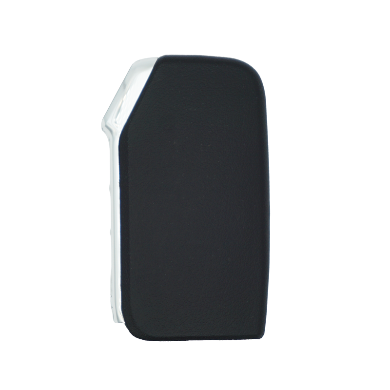 Side view of a black car key fob with a silver edge/trim
