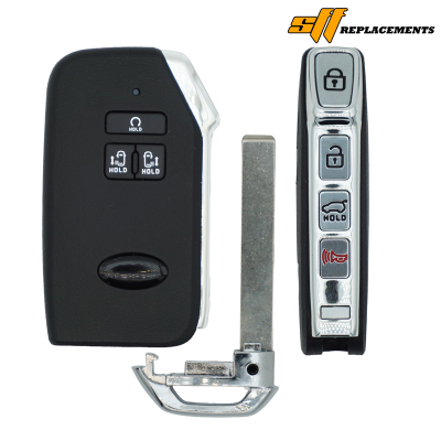 Two car key fobs and a metal key blade laid out side by side; a large black fob with 'HOLD' buttons on the left and a slim silver fob with lock icons on the right, SIF Replacements logo in the top-right corner.