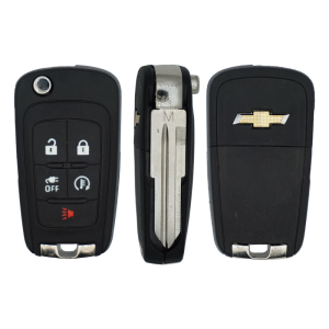 11959U-SF-Main - SFFobs Inc. Set of three car key fobs: remote controls with lock/unlock buttons, a hidden blade key, and a Chevrolet emblem key fob on the right