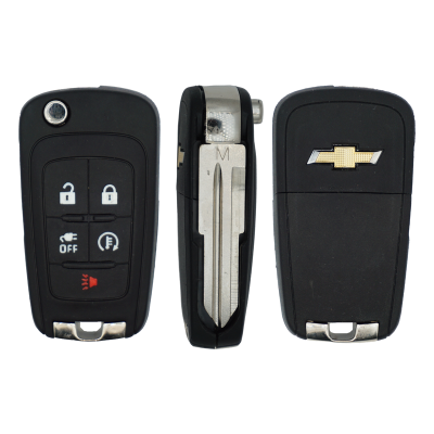 Set of three car key fobs: remote controls with lock/unlock buttons, a hidden blade key, and a Chevrolet emblem key fob on the right
