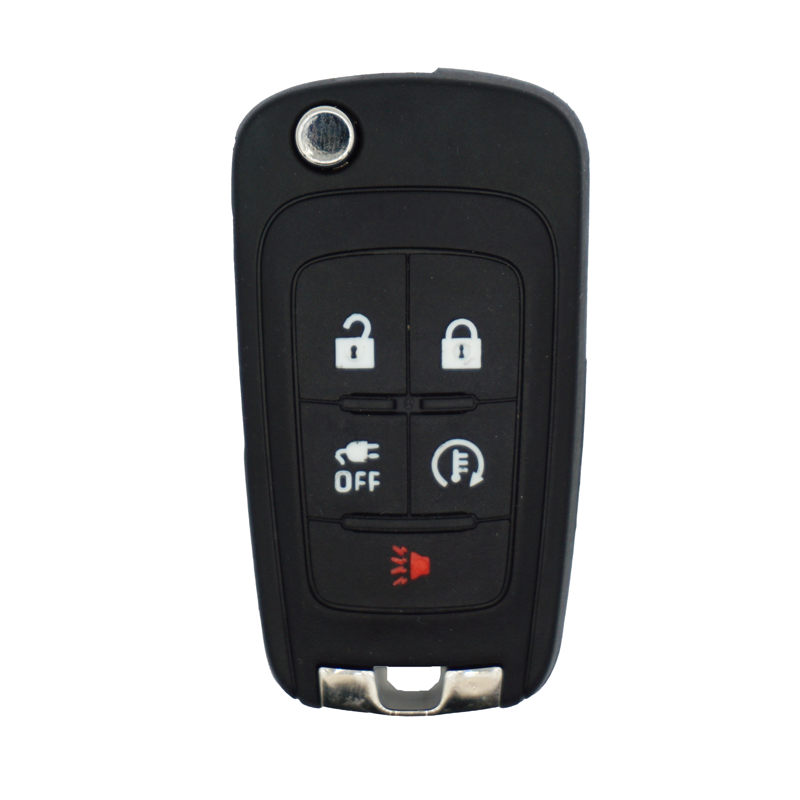 11959U-SF1 - SFFobs Inc. Black car key fob with four buttons: lock, unlock, remote start, and red panic/alarm indicator at the bottom.