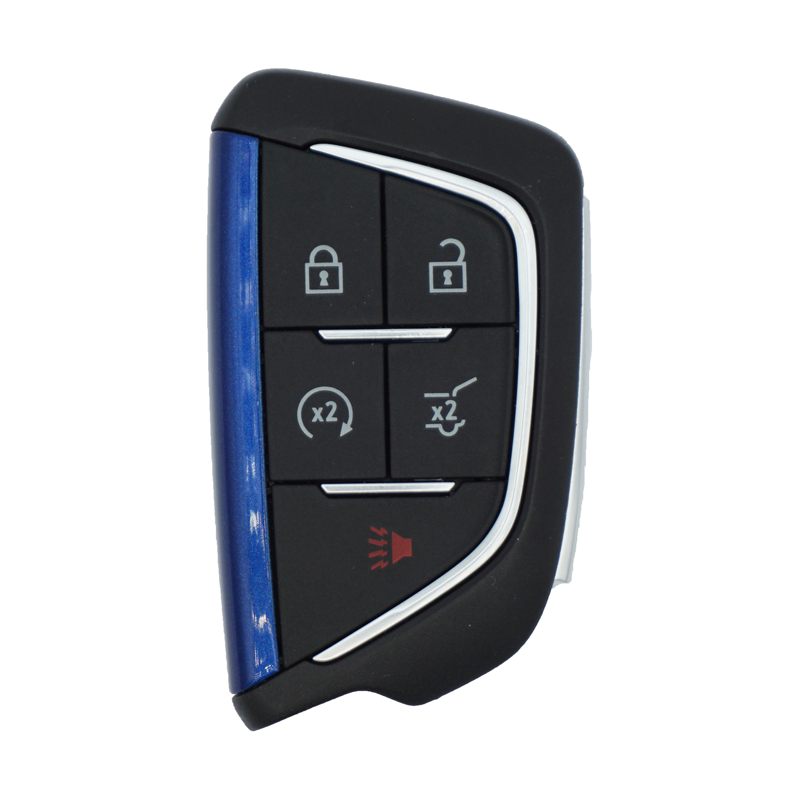 Black car key fob with blue side, showing lock, unlock, trunk, and panic buttons; red hazard icon at bottom.