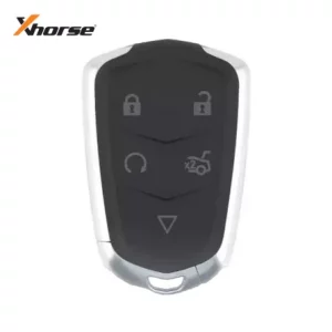 20881_XHS-XSCD01EN_041724_JK - SFFobs Inc. Xhorse car key fob with four buttons: lock, unlock, remote start, and trunk release on a black surface.