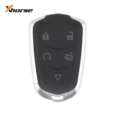 Xhorse car key fob with four buttons: lock, unlock, remote start, and trunk release on a black surface.