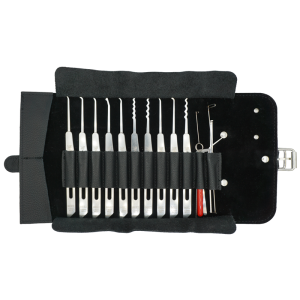 Manicure set in a black case with multiple stainless steel nail tools and cuticle pushers arranged in rows