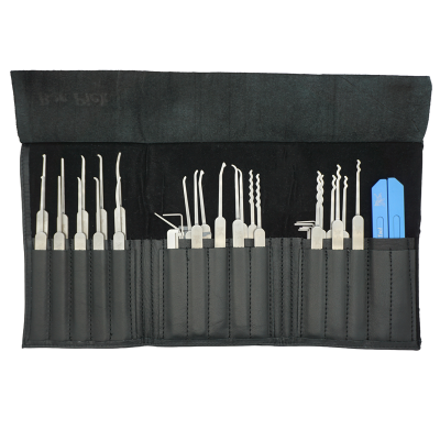 Roll-up black tool case opened to reveal assorted dental instruments: picks, tweezers, hooks, and two blue plastic handles on the right side.