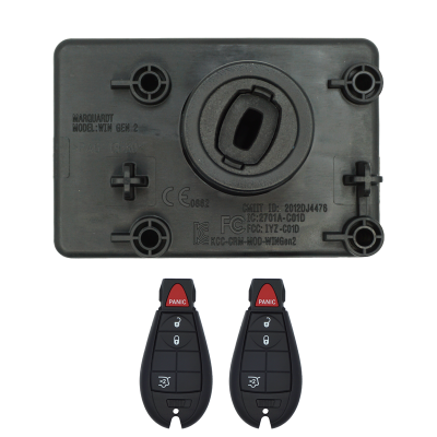 Two black car key fobs with red panic buttons shown below a large circular mounting plate on a white background.