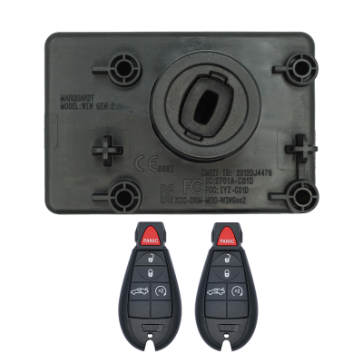 Two black car key fobs with red panic buttons, showing lock/unlock/trunk icons, placed below a black plastic mounting plate.