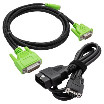 HDMI-to-VGA video adapter kit: a black HDMI-to-VGA adapter attached to a braided black cable, plus a green VGA cable with two green VGA connectors and screws for securing connections.
