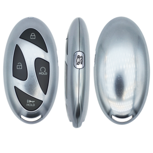 Silver car key fob shown from three angles, featuring lock/unlock, hold trunk, and panic/HOLD buttons.