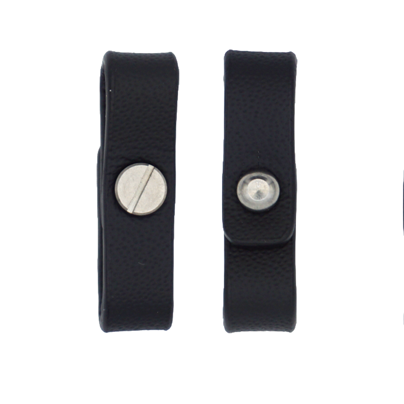 Two small black leather pouches with silver snap closures, shown from the side and arranged vertically.