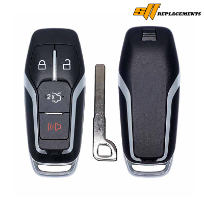 Car key fob showing lock, unlock, trunk, and alarm buttons with a separate metal key, shown from the front and back.