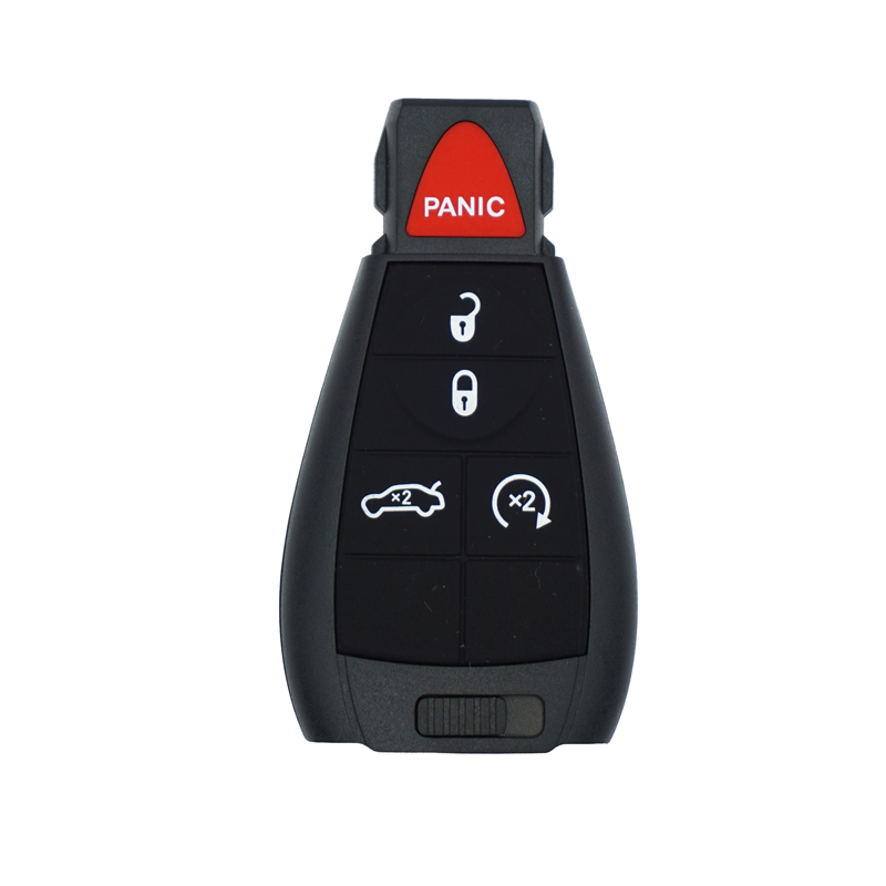 10126A-sf-1 - SFFobs Inc. Car key fob with a red Panic button at the top and lock/unlock, trunk/remote start symbols on the keypad below.
