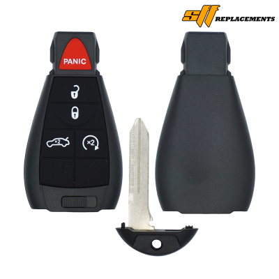 Car key fob with panic button, spare blade, and empty shell showing replacement parts. Logo in corner says SIF Replacements.