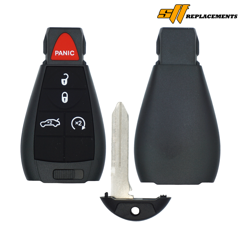 10126a-sf-main - SFFobs Inc. Car key fob with panic button, spare blade, and empty shell showing replacement parts. Logo in corner says SIF Replacements.