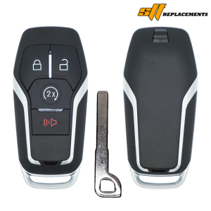 10240A-sf-main-1 - SFFobs Inc. Car key fob with lock, unlock, and 2x panic buttons shown beside a metal key blade.