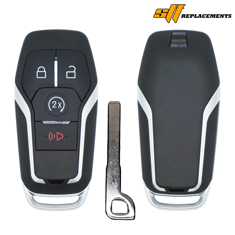 10240A-sf-main-1 - SFFobs Inc. Car key fob with lock, unlock, and 2x panic buttons shown beside a metal key blade.