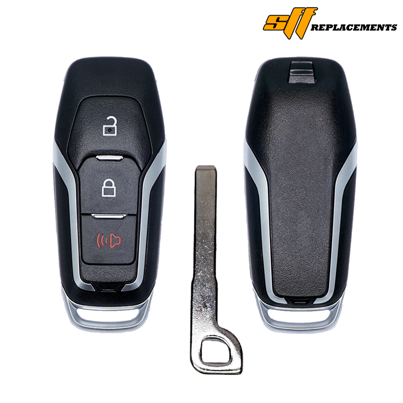 10241A-SF - SFFobs Inc. Two black car key fobs with silver trim and a metal key blade between them; the left fob shows lock, unlock, and alarm buttons.