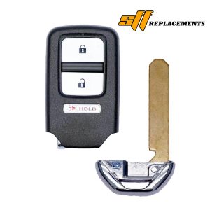 Car key fob with lock/unlock buttons beside a metal key blade; SFI Replacements logo in the top-right.