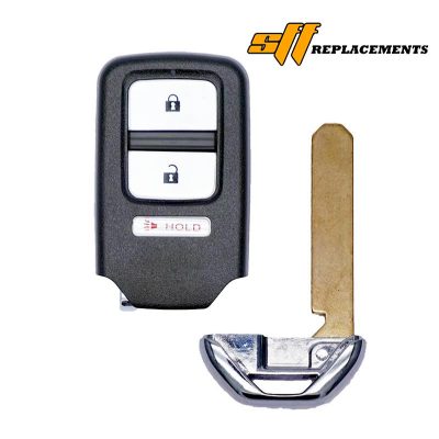 Car key fob with lock/unlock buttons beside a metal key blade; SFI Replacements logo in the top-right.