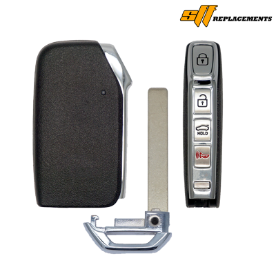 Disassembled car key fob: black shell, separate metal blade, and chrome button module with lock/unlock/hold/alarm buttons