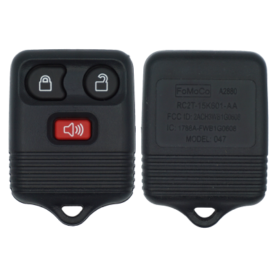 Black car key fob with lock, unlock, and red panic button on the front; two-sided design