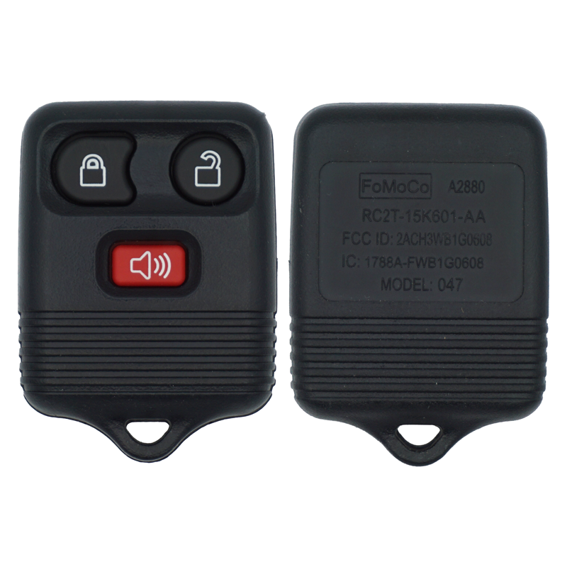 11965U SF Main - SFFobs Inc. Black car key fob with lock, unlock, and red panic button on the front; two-sided design