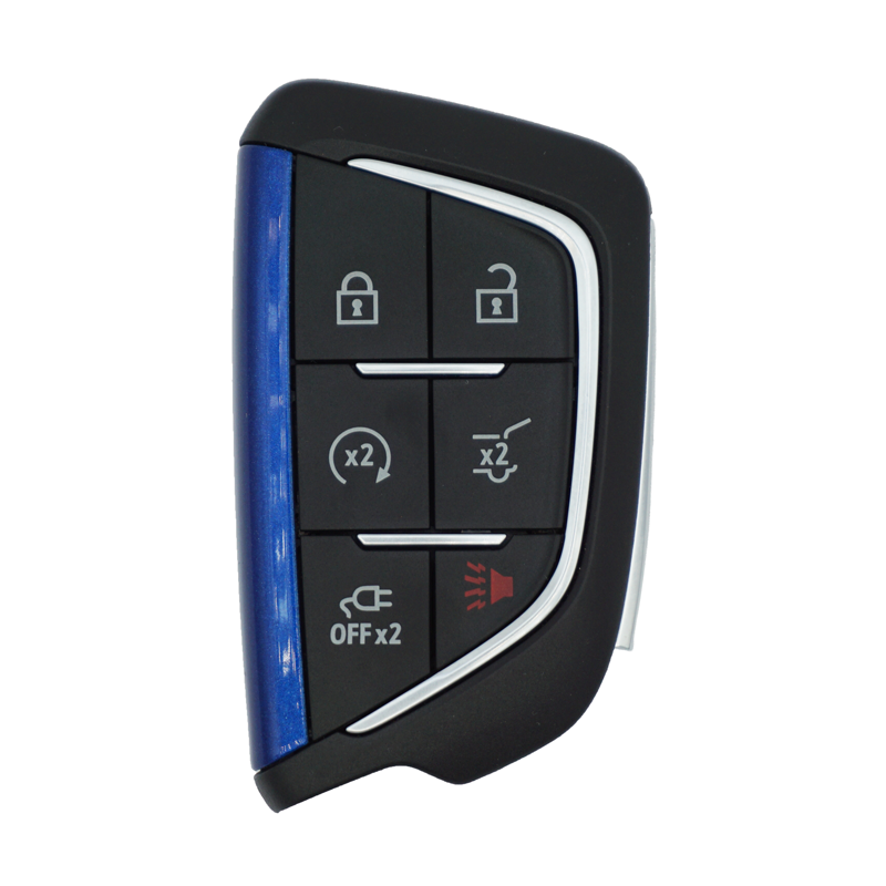 Black car key fob with a blue side and six buttons for lock, unlock, trunk, panic, and remote features on a white background.